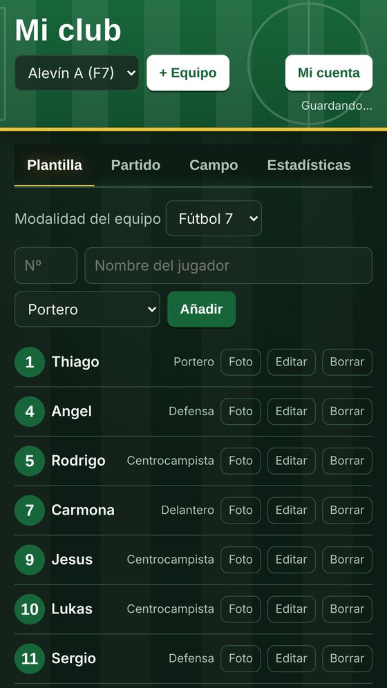 Plantilla del equipo con fotos y dorsales